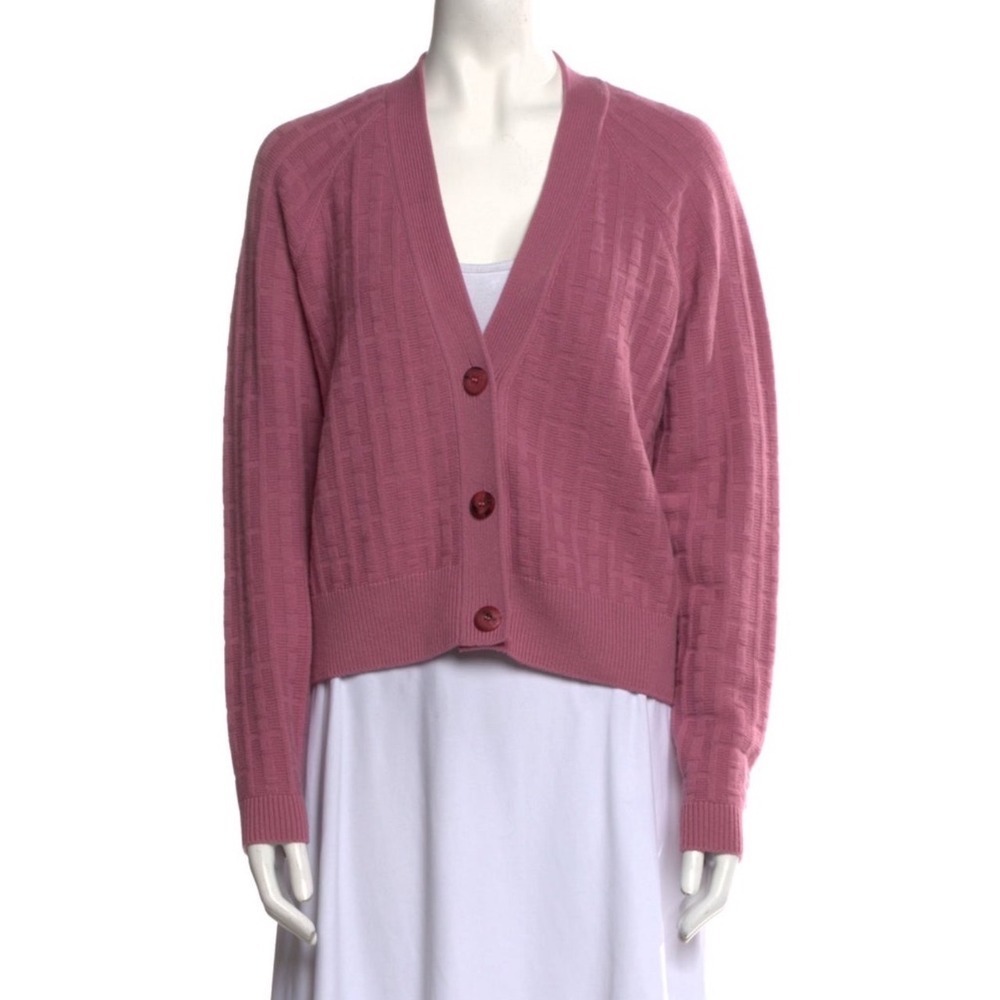 Hermes Virgin Wool V-Neck Cardigan Sweater Pink Textured Knit Womens XS FR34